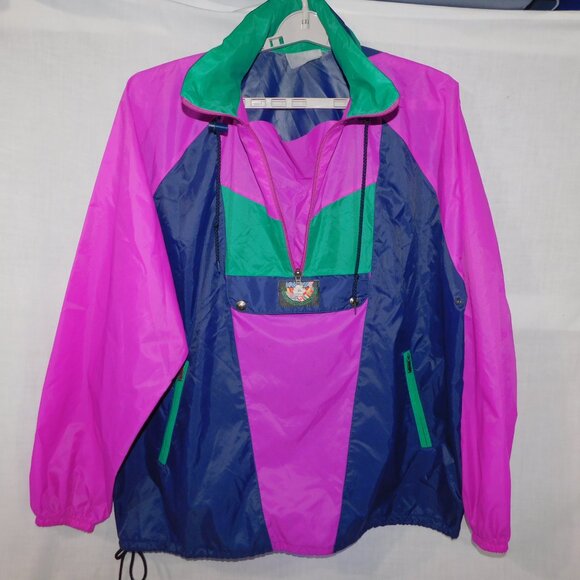 VTG Mens XXL Pink Purple Teal 1/2 Zip Pullover K-Way Windbreaker jacket packable - Picture 3 of 15